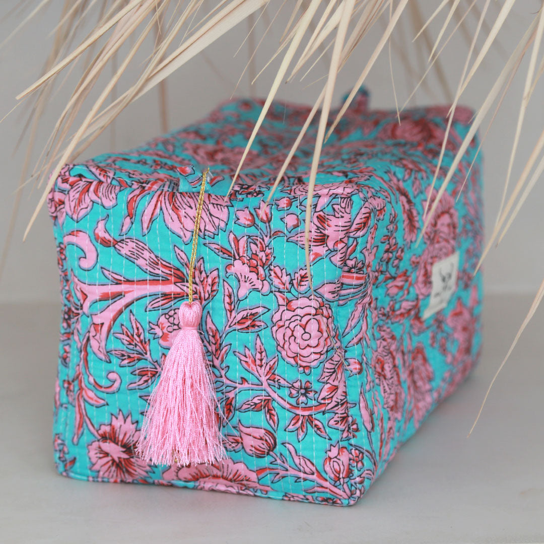 Blockprint toilettas Fez blue pink flower L