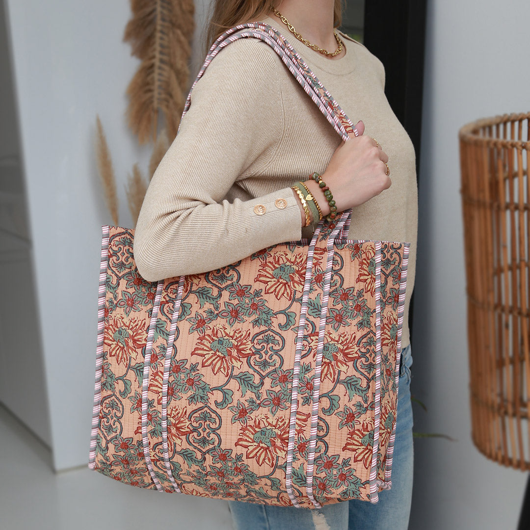 Blockprint shoulder bag flower beige